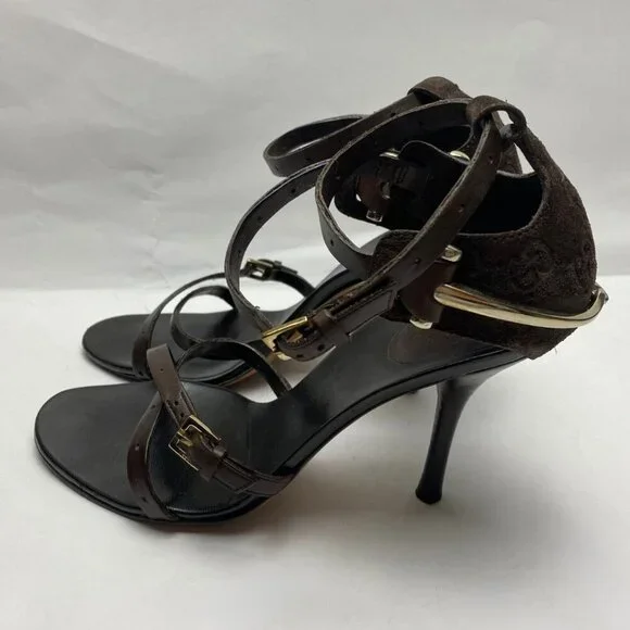 GUCCI Logo Horsebit Equestrian Chocolate Leather /Suede Strappy Heels Size 38 - Picture 2 of 10